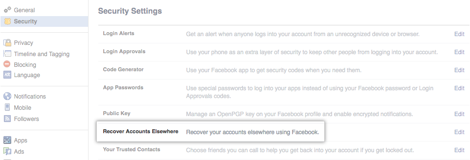 含有异地恢复帐户链接的 Facebook 安全设置页面